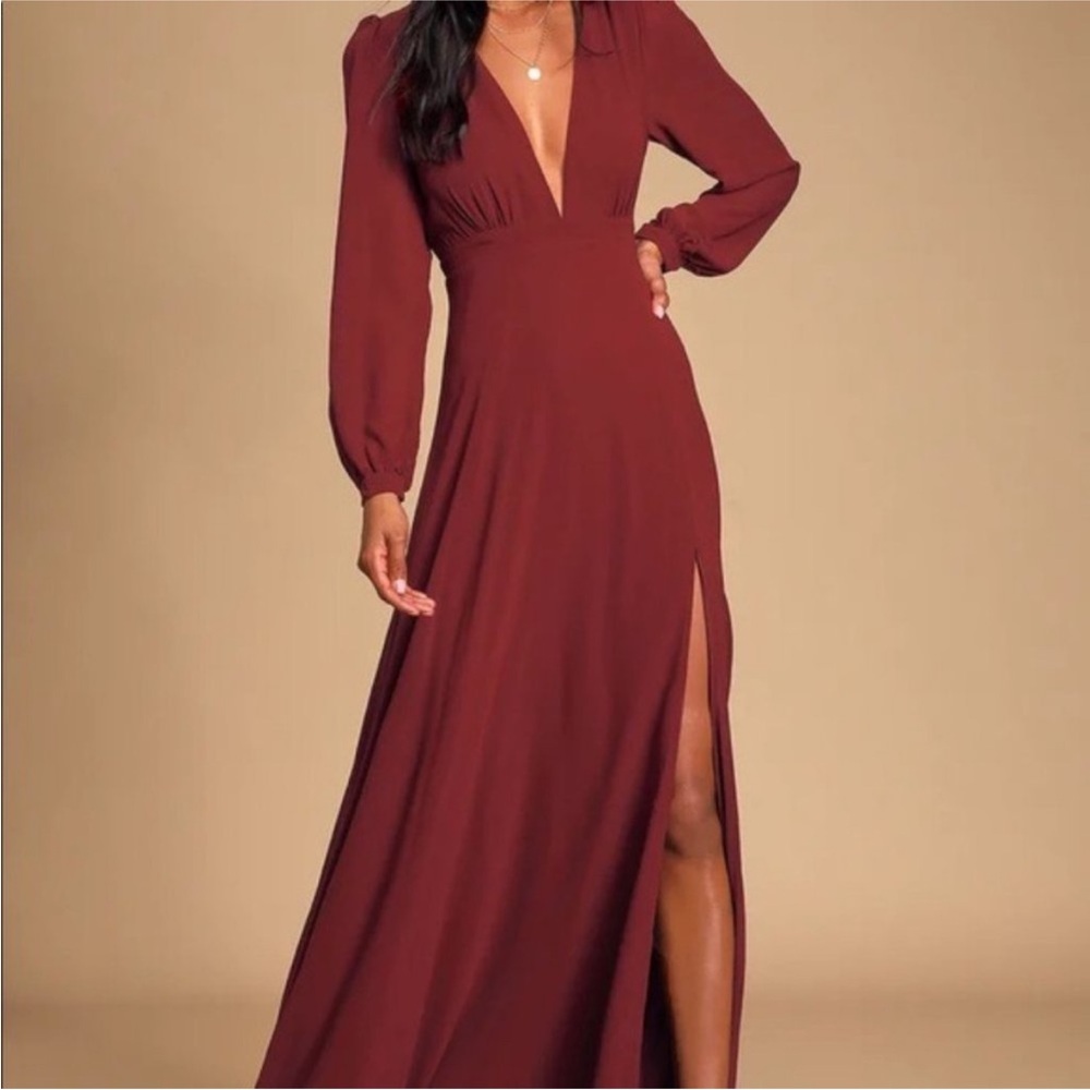 Lulu's Burgundy Long Sleeve V-Neck Wedding Guest Dress